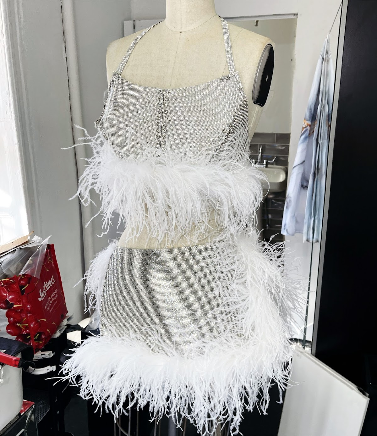 Two-piece silver rhinestone and ostrich-feather set